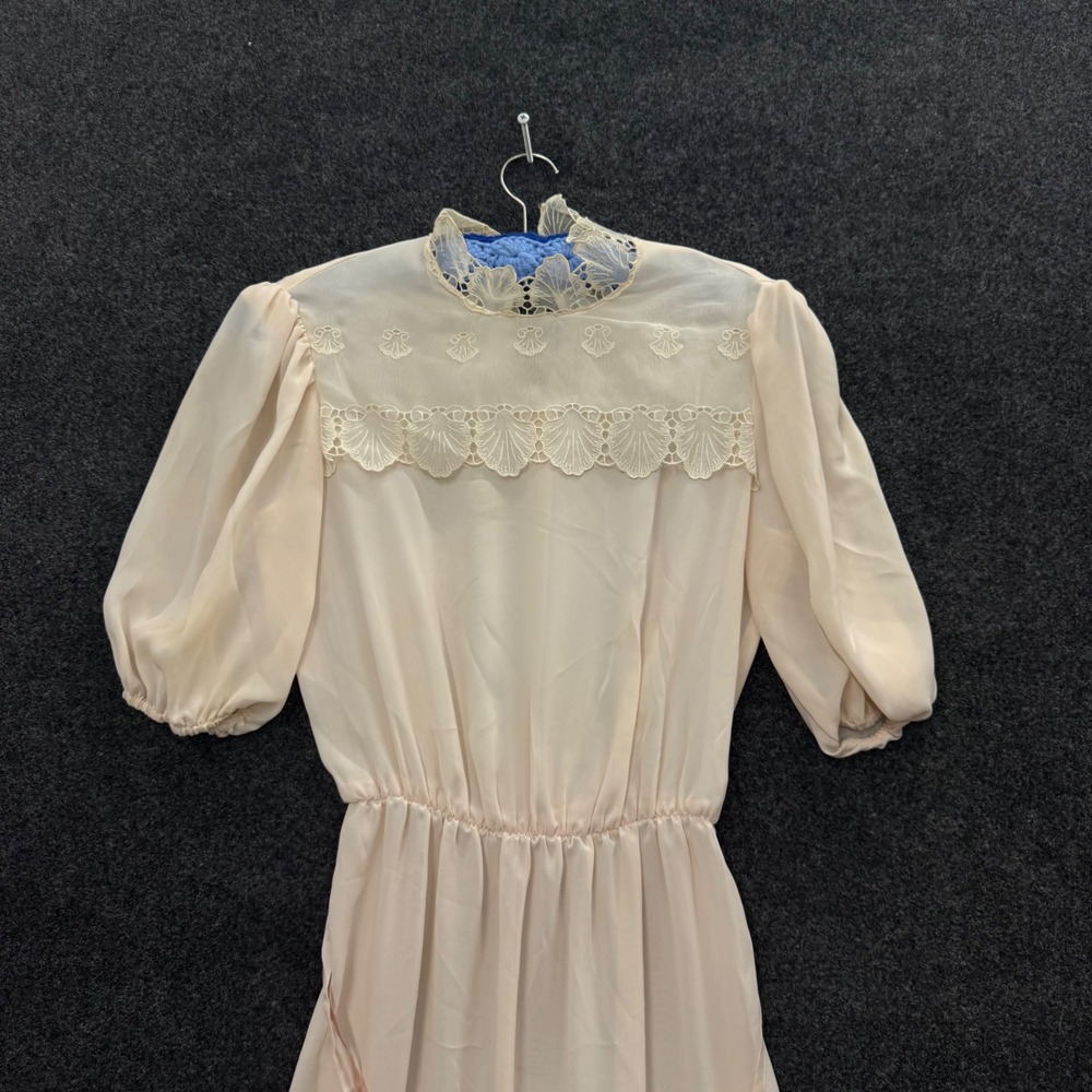Vintage 70s Cream Lace Chiffon Midi Dress Prairie Cottagecore Puff Sleeve 44in L